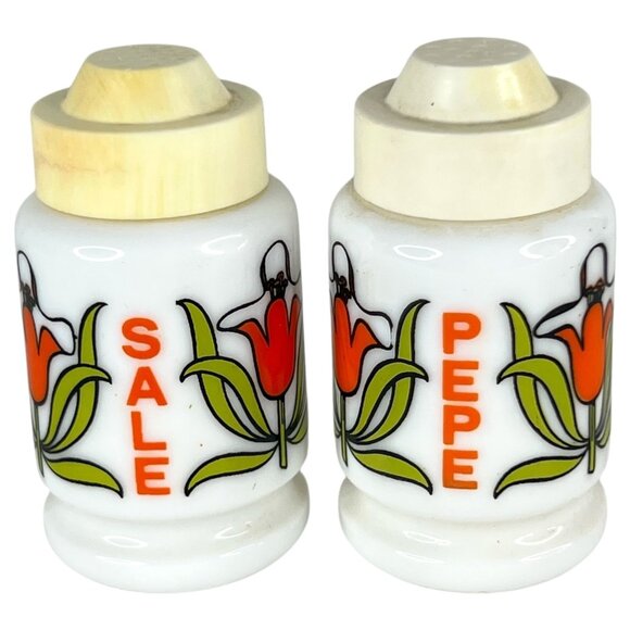 Vintage Italian Egizia Salt And Pepper Shaker Set Glass Tulip Pepe Sale Floral - Picture 1 of 12